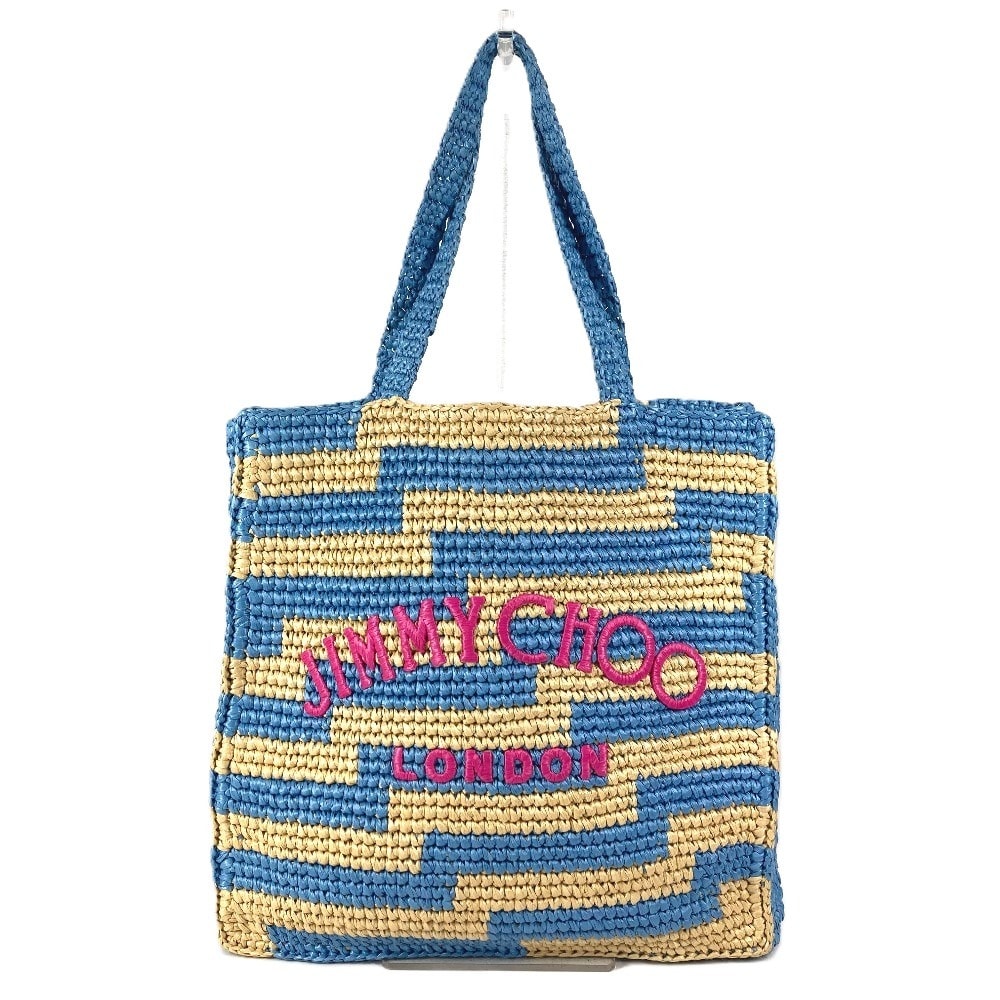 ジミーチュウ JIMMY CHOO ロゴ ボーダー ビーチトート カバン 肩掛け トートバッグ ショルダーバッグ ラフィア ブルー 美品