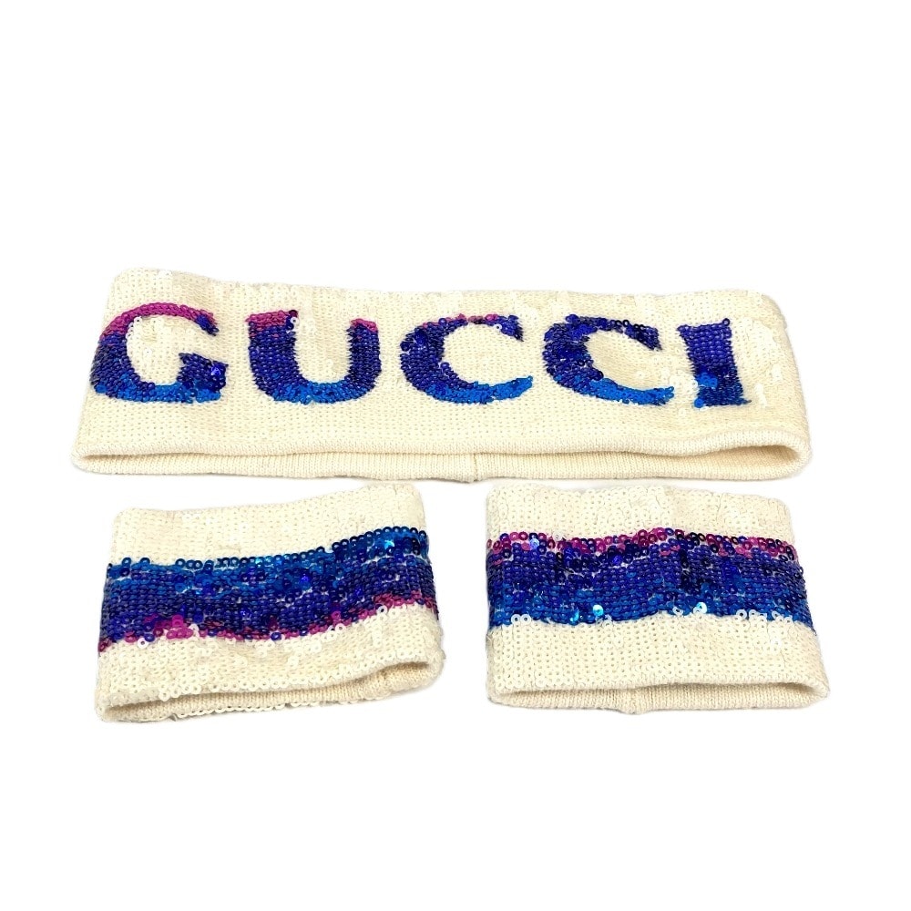 グッチ GUCCI ロゴ GG スパンコール ヘッドバンド&リストバンド 3点セット アクセサリー ヘアバンド ポリエステル ホワイト 新品同様