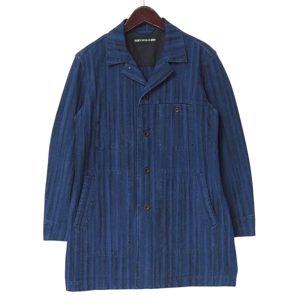 ISSEY MIYAKE MEN イッセイミヤケ メン カバーオール サイズ3 ストライプ デニム ロングジャケット ブランド古着【中古】20251111/RA6573