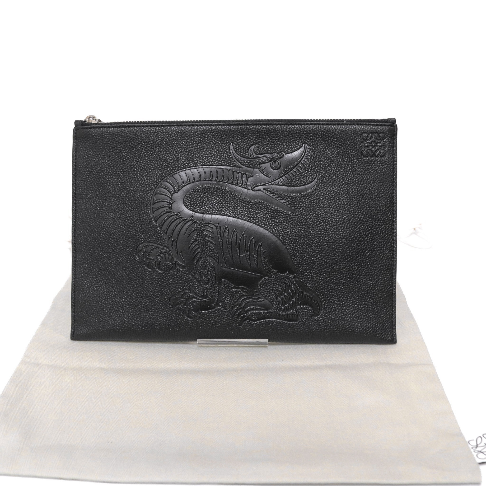 【極品】 LOEWE ロエベ アナグラム ドラゴン レザー クラッチバッグ 黒