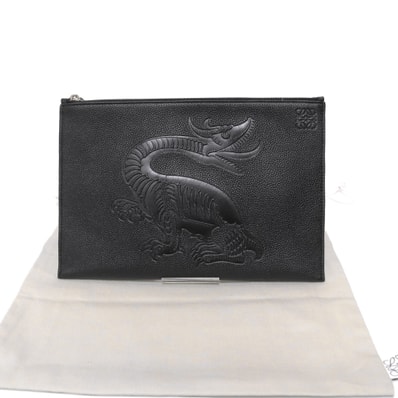 【極品】 LOEWE ロエベ アナグラム ドラゴン レザー クラッチバッグ 黒