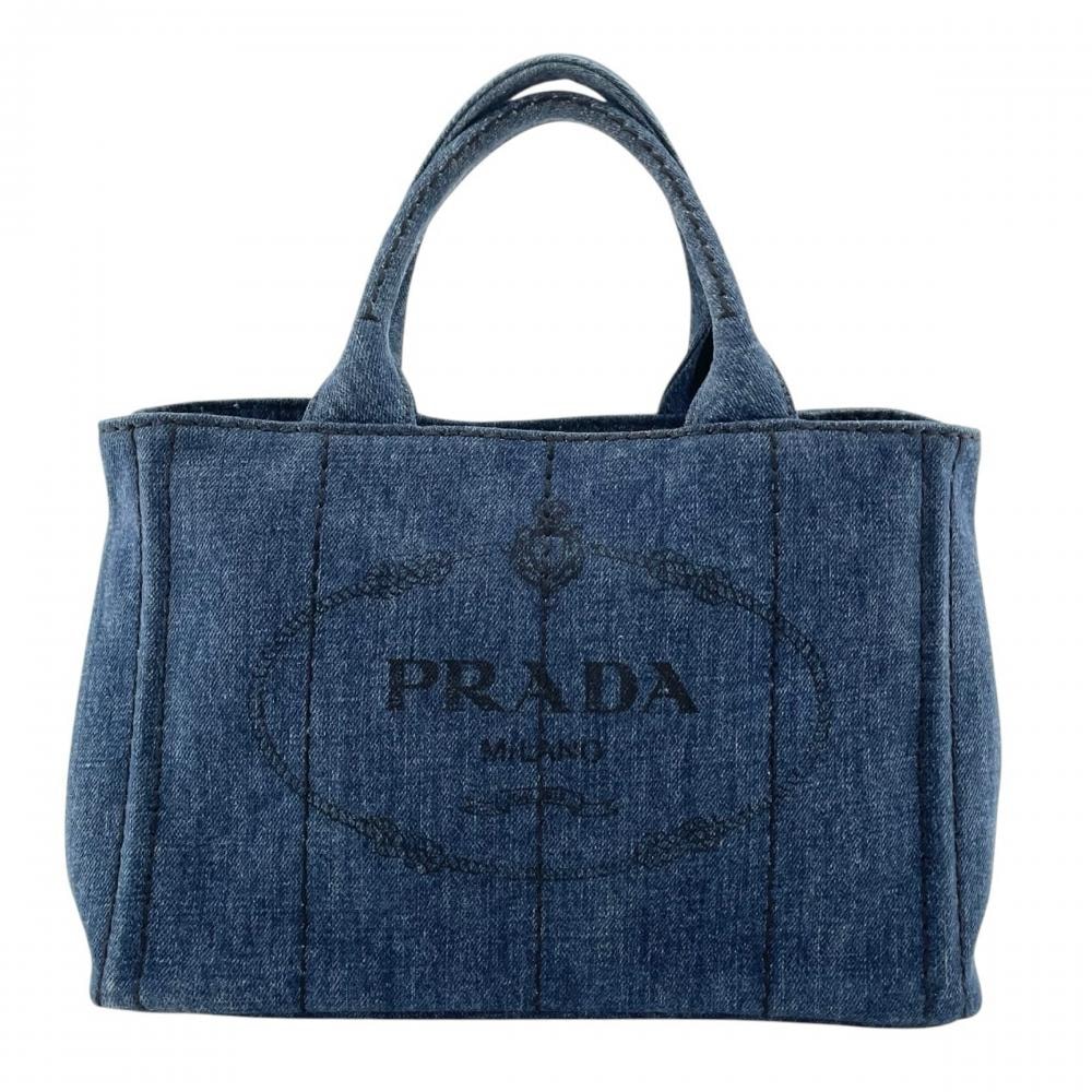 PRADA プラダ トートバッグ カナパ デニム生地 ハンドバッグ コットンキャンバス    ブルー 青 ゴールド金具 レディース【中古品】