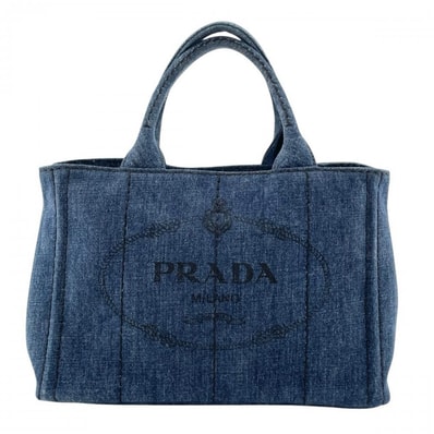 PRADA プラダ トートバッグ カナパ デニム生地 ハンドバッグ コットンキャンバス ブルー 青 ゴールド金具 レディース【中古品】
