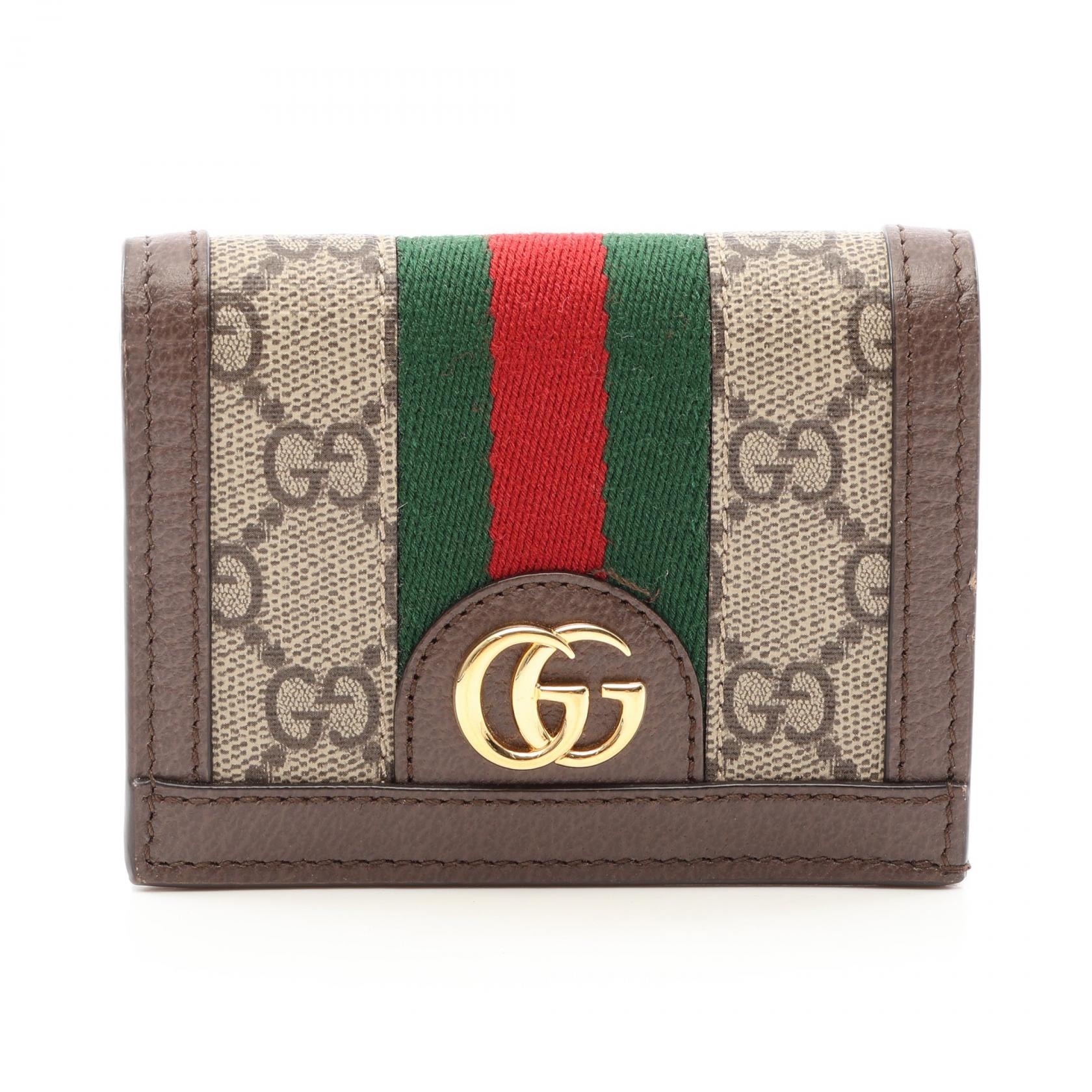 グッチ GUCCI オフィディア GGスプリーム 二つ折り財布 財布 レザー PVC レディース ブラウン系 / ベージュ系 / グリーン系 523155 【中古】