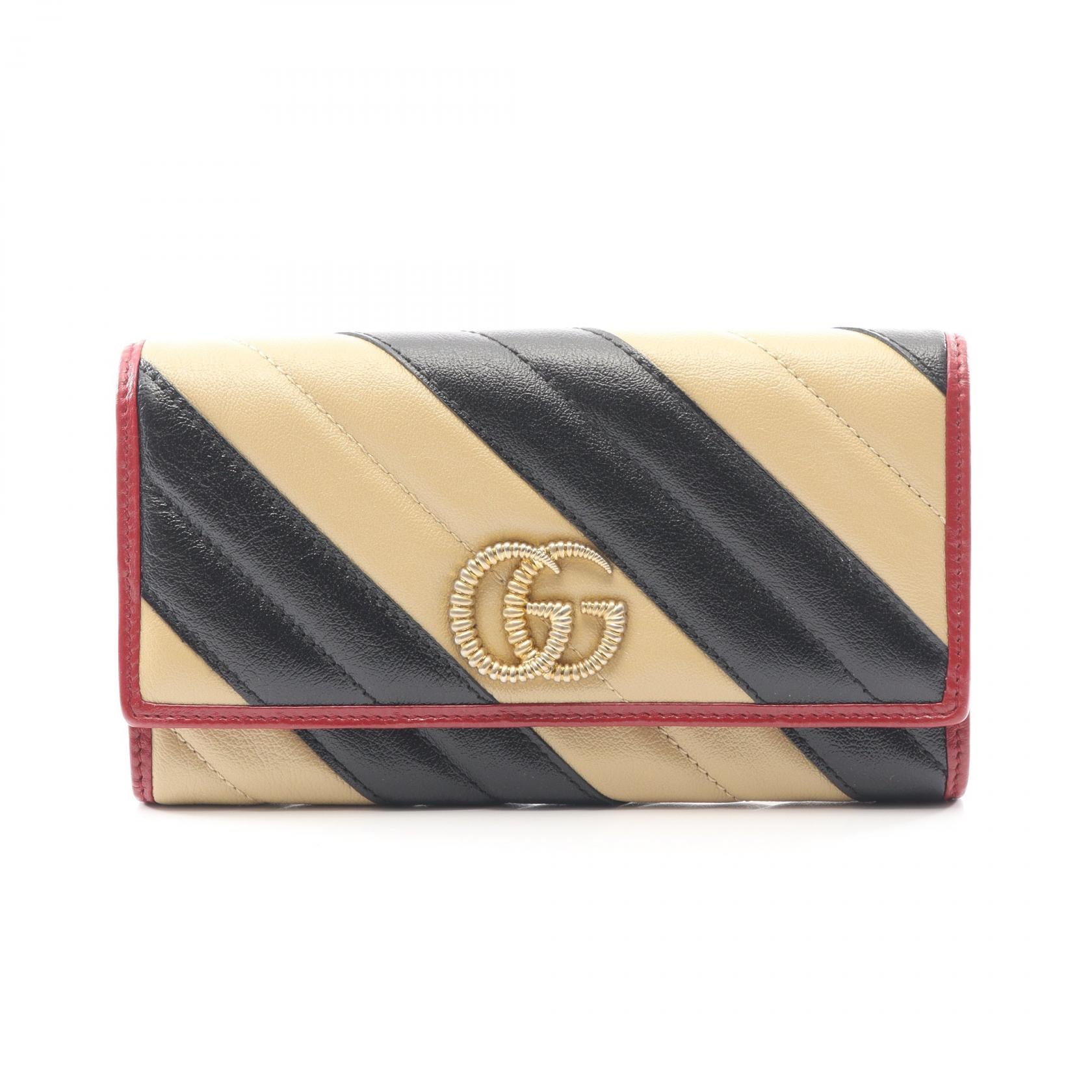 グッチ GUCCI GGマーモント 二つ折り長財布 財布 レザー レディース ブラック系 / ベージュ系 / レッド系 573809 【中古】