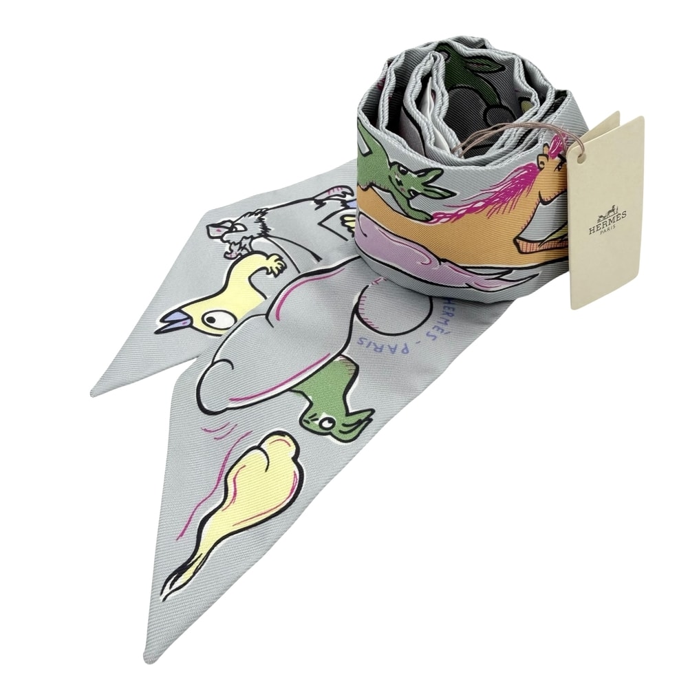 HERMES エルメス スカーフ ツイリー Mille et Un Lapins 千と一のウサギ Twilly ファッションアイテム シルク ブルー 青 マルチカラー レディース 美品【中古品】