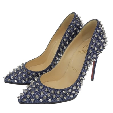 クリスチャンルブタン 美品 スパイクスタッズ パンプス シューズ レディース デニムネイビーラメ 34 34