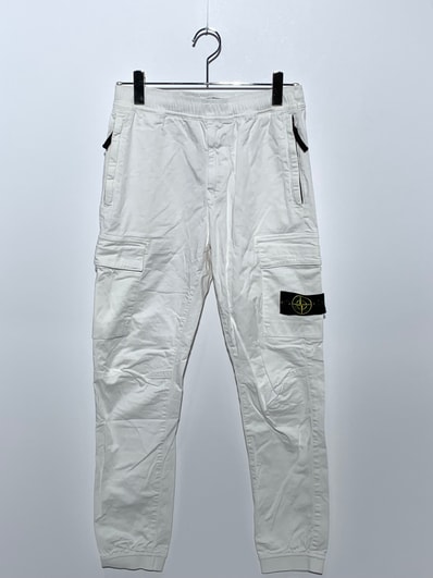 Stone Island Garment Dyed Cotton Wool Stretch Satin Shirring Tapered Rib Cargo Pants White