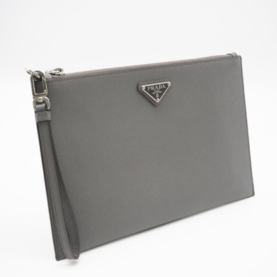 美品 PRADA プラダ Re-Nylon xサフィアーノ レザー ポーチ 2NH006 クラッチバッグ グレー サフィアーノ メンズ