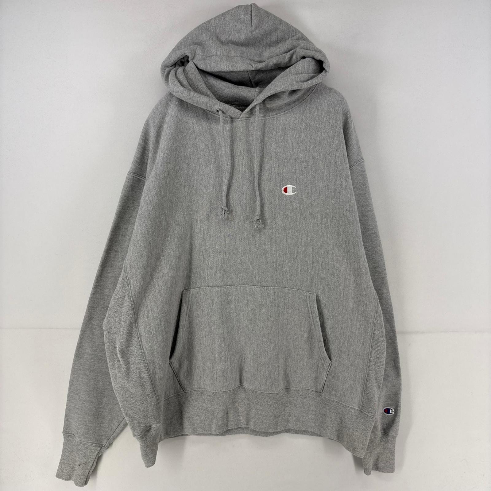 古着 チャンピオン Champion パーカー スウェット ロゴ 刺繍 無地 リバースウィーブ 大きいサイズ XL  グレー 無地 メンズ