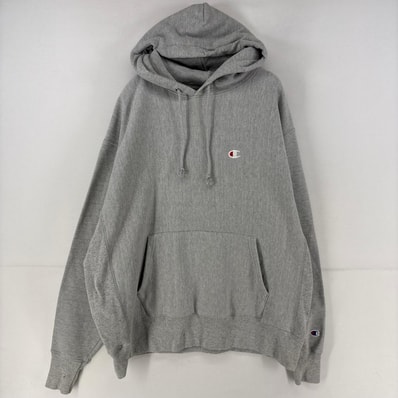 古着 チャンピオン Champion パーカー スウェット ロゴ 刺繍 無地 リバースウィーブ 大きいサイズ XL グレー 無地 メンズ