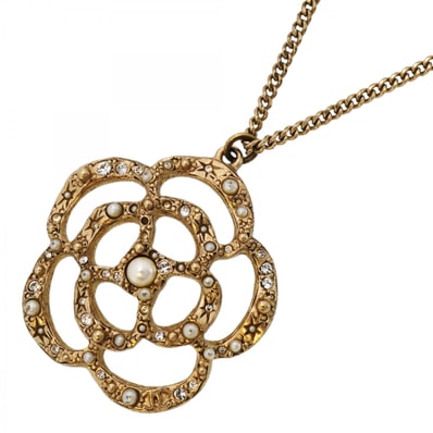 【6jdb0572-k】シャネル ネックレス ココマーク カメリア GPメッキ ラインストーン フェイクパール シャンパンゴールド【中古】レディース