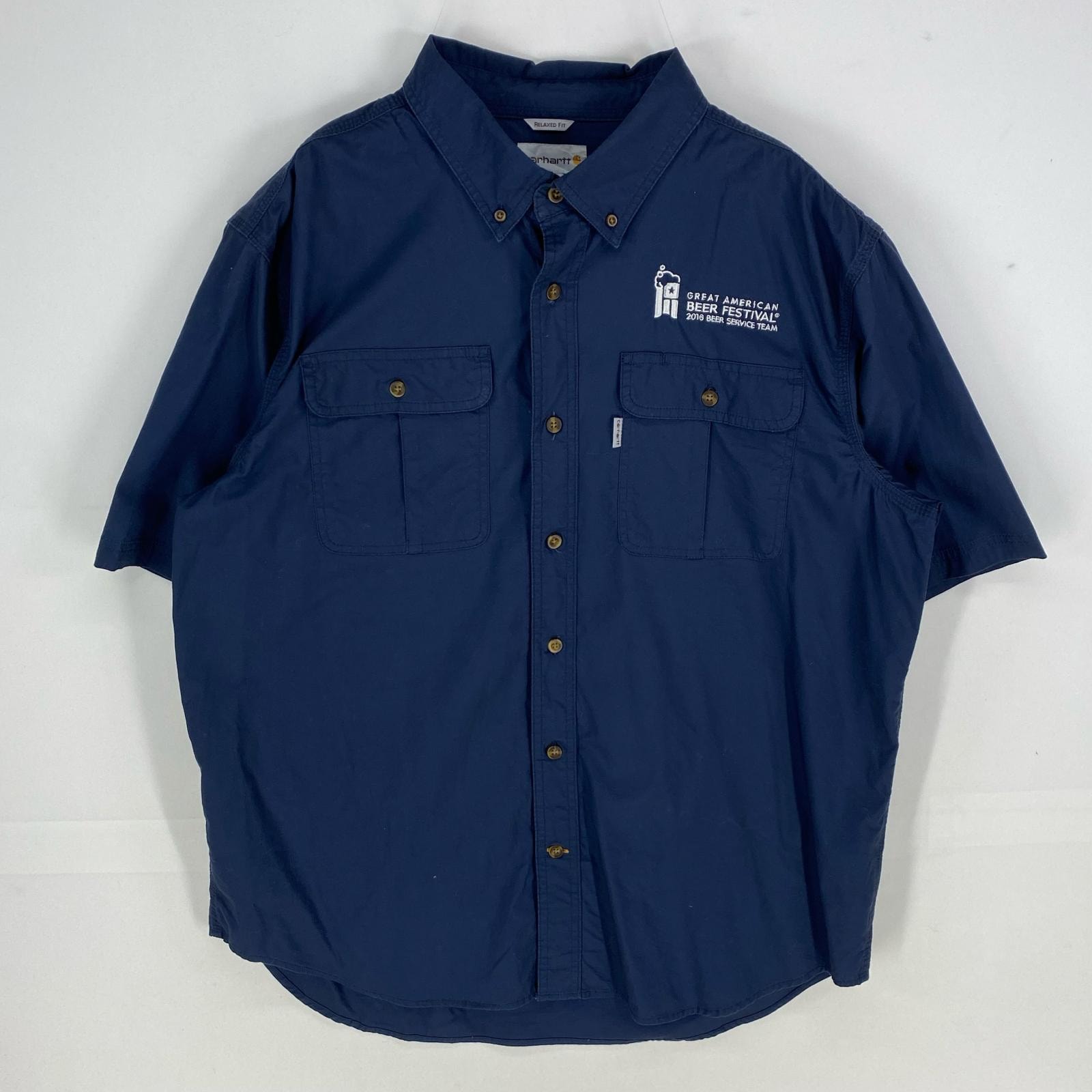 古着 カーハート Carhartt 半袖シャツ ボタンダウン ポケット ワーク ショートスリーブ XL ネイビー系 メンズ