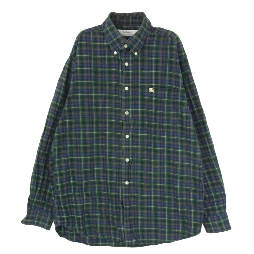 BURBERRY バーバリー 英国製 チェック 刺繍 ボタンダウン ロングスリーブ コットン シャツ 長袖 ネイビー系 XL【中古】