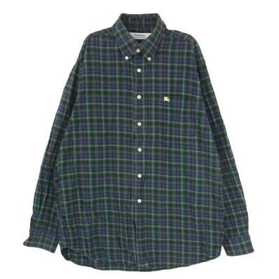 BURBERRY バーバリー 英国製 チェック 刺繍 ボタンダウン ロングスリーブ コットン シャツ 長袖 ネイビー系 XL【中古】