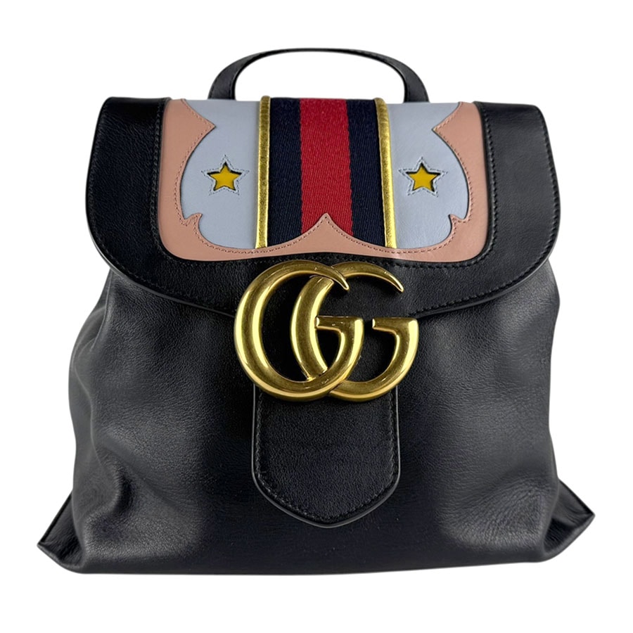 グッチ GUCCI リュック GGマーモント レザー ブラック/マルチカラー ゴールド レディース 432265【中古】 z8553