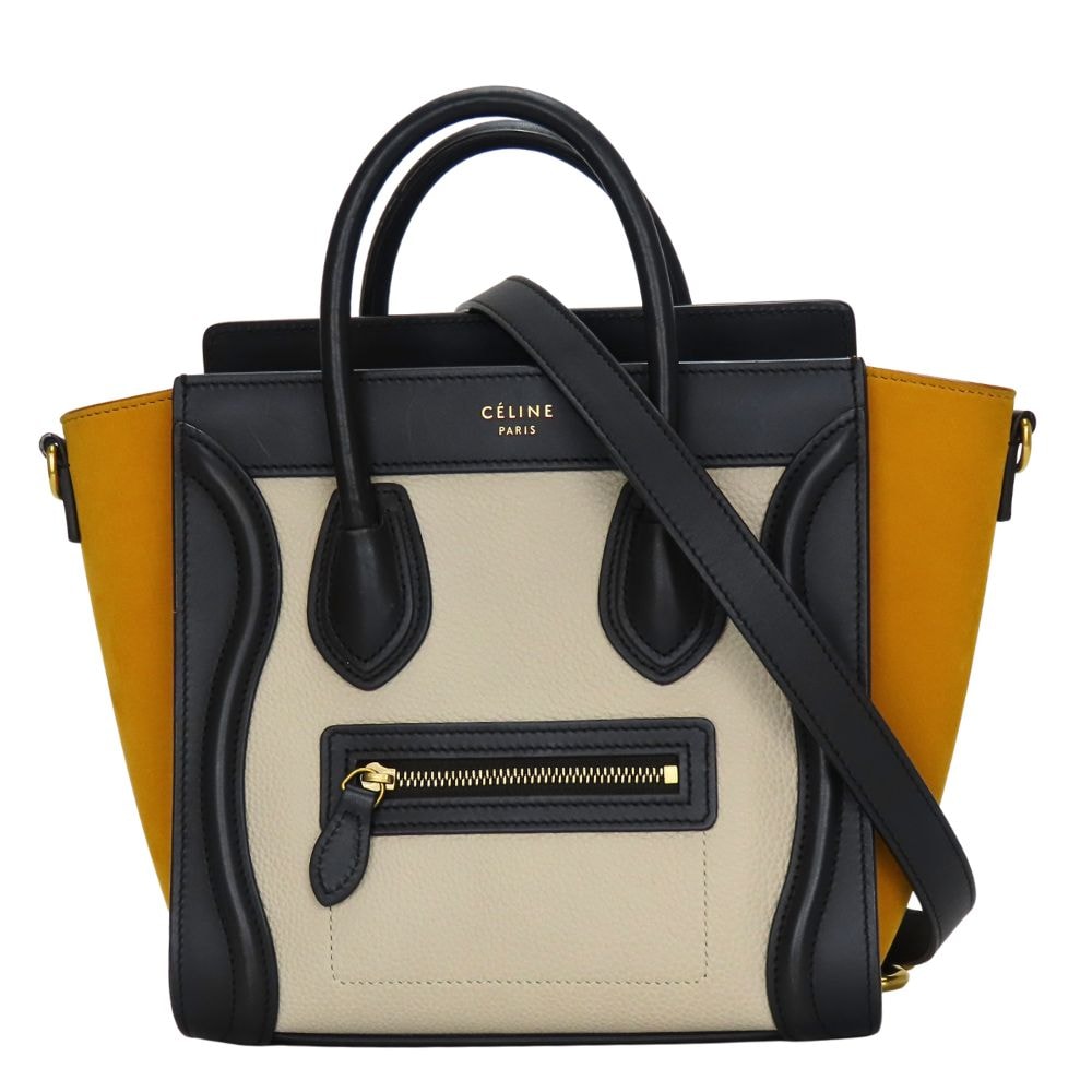【中古】 セリーヌ ハンドバッグ ナノラゲージ レザー ブラック アイボリー イエロー ショルダー ミニ レディース 女性 CELINE