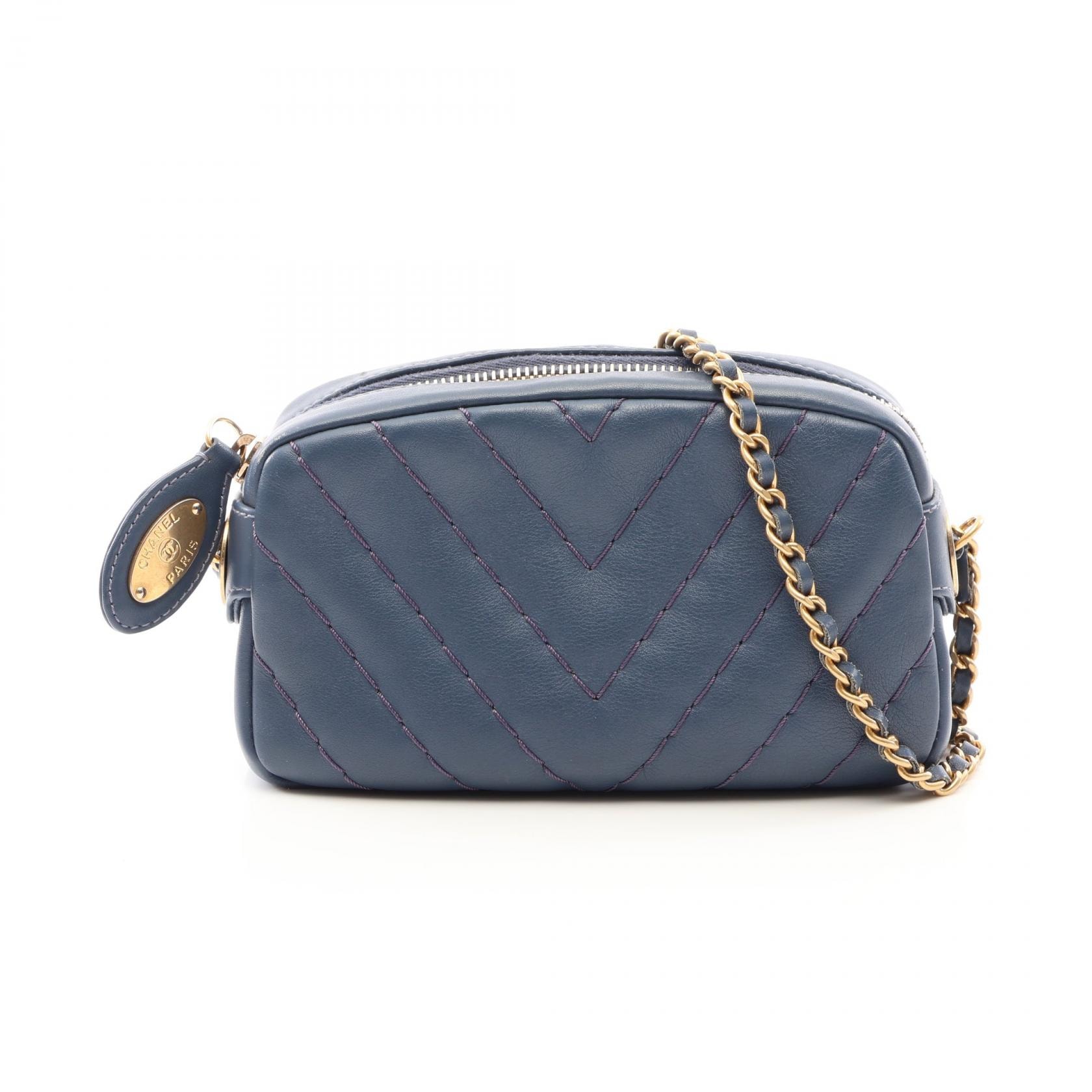 シャネル CHANEL Vステッチ シェブロン ショルダーバッグ バッグ レザー レディース ブルー系 【中古】