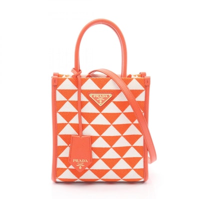プラダ PRADA TRIANGOLO JACQUARD シンボル エンブロイダリー ミニ 2WAY ハンドバッグ バッグ キャンバス サフィアーノレザー レディース オレンジ系 / ホワイト系 1BA355 【中古】