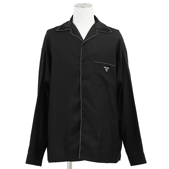 【美品】PRADA プラダ 長袖シャツ サイズ S メンズ 2023年製 パジャマシャツ オープンカラー シルク100% トップス ガーメント・ハンガー付属 ブラック 黒 イタリア製