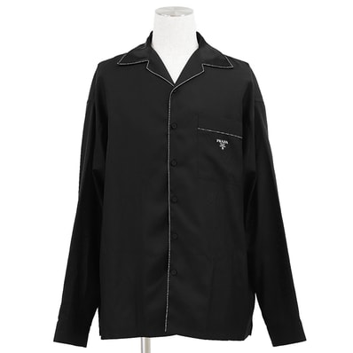 【美品】PRADA プラダ 長袖シャツ サイズ S メンズ 2023年製 パジャマシャツ オープンカラー シルク100% トップス ガーメント・ハンガー付属 ブラック 黒 イタリア製