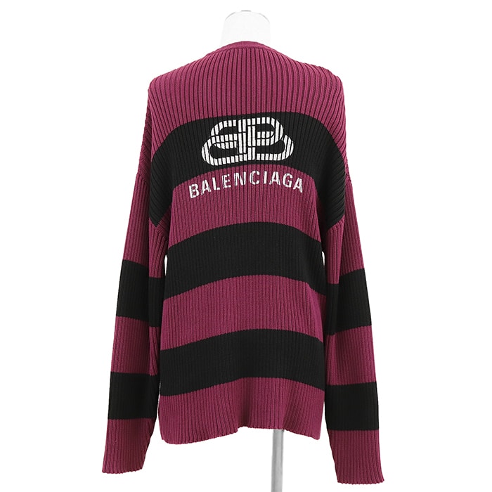 【美品】BALENCIAGA バレンシアガ リブニットセーター サイズ XS メンズ 2020年モデル ストライプ ロゴ BB バックプリント ロングスリーブ 長袖 オーバーサイズ レディース着用可 トップス パープル 紫 総柄 イタリア製
