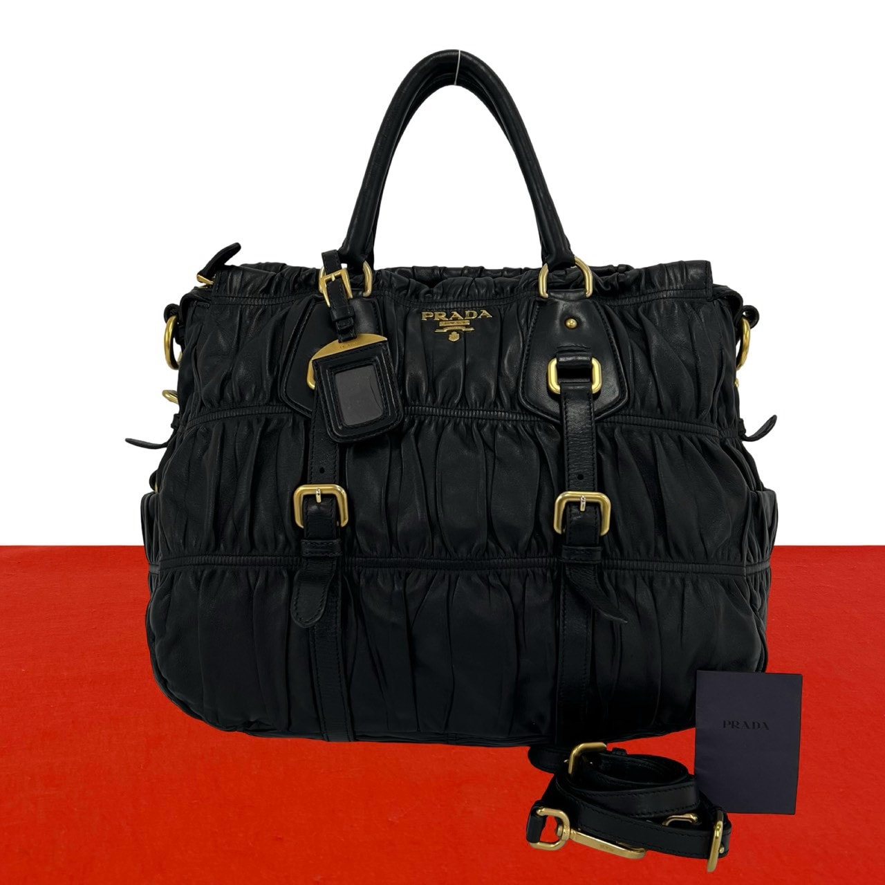 PRADA プラダ ロゴ 金具 ギャザー レザー ショルダーバッグ ブラック
 25523