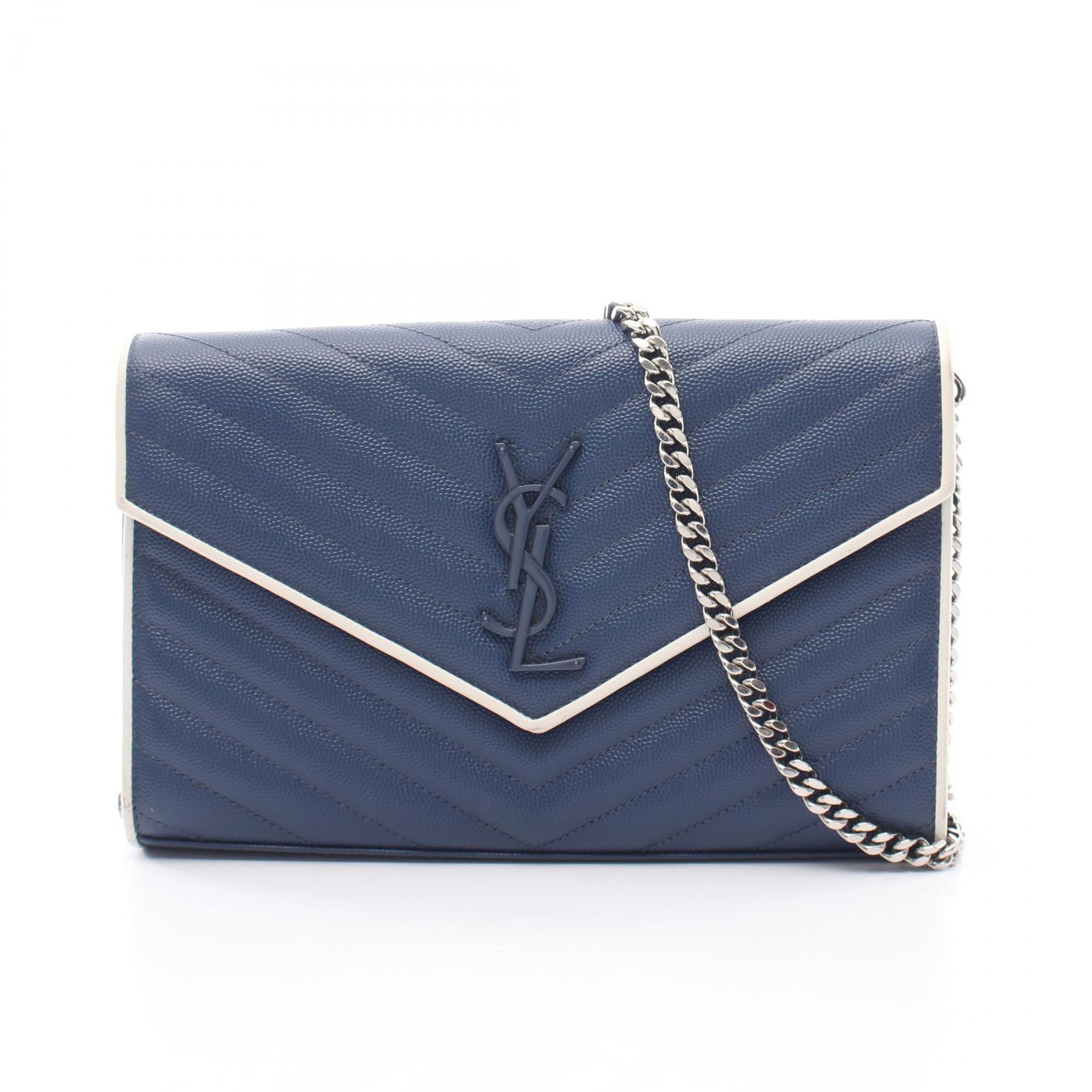 サンローランパリ SAINT LAURENT PARIS カサンドラ クラシック ショルダーバッグ バッグ レザー レディース ネイビー系 / ホワイト系 377828 【中古】