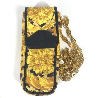 ヴェルサーチ VERSACE レオパード ヒョウ柄 ヒョウ 携帯ケース ヴィンテージ ポーチ ポシェット チェーン ショルダーバッグ PVC/レザー イエロー