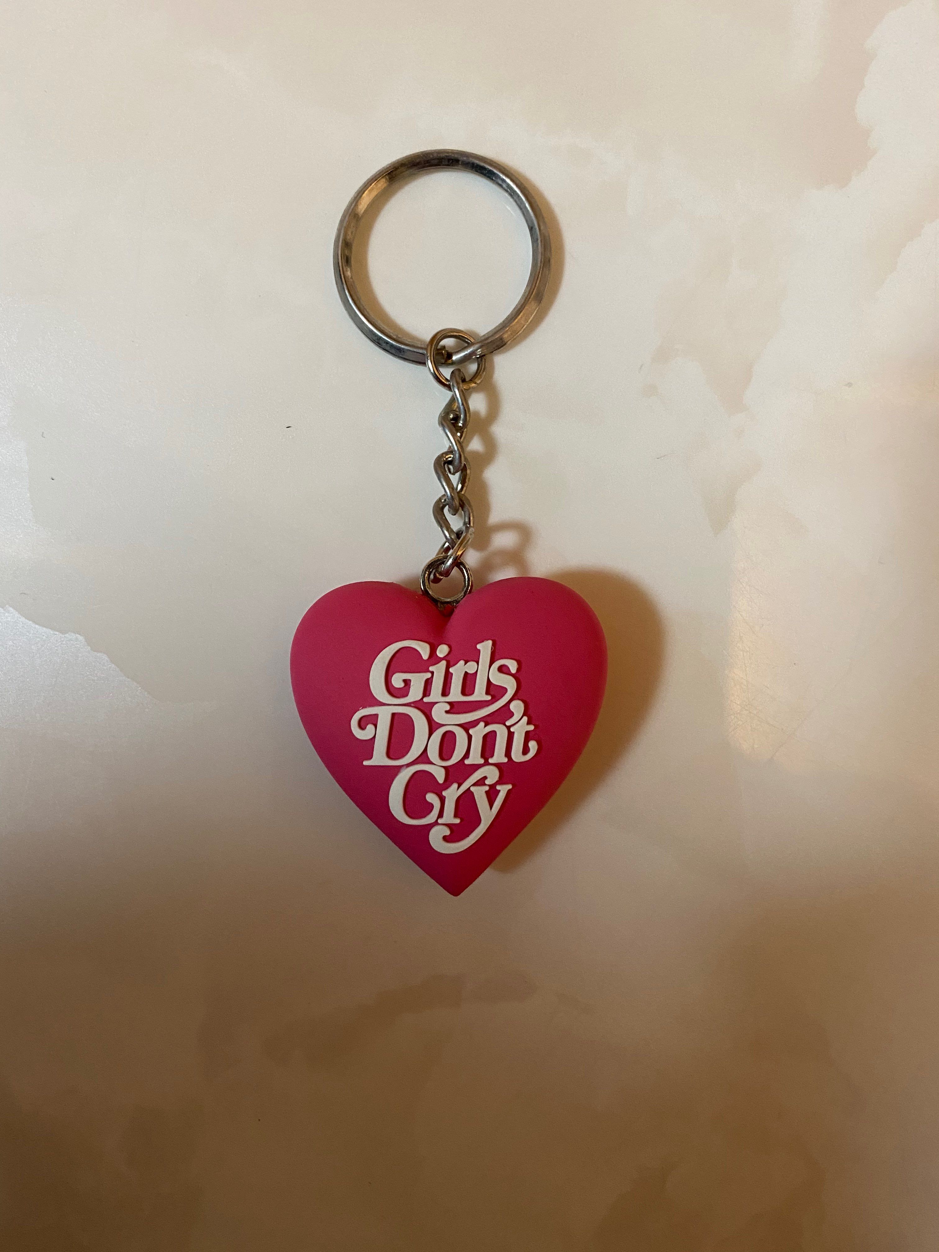 girls don't cry heart key chain pink