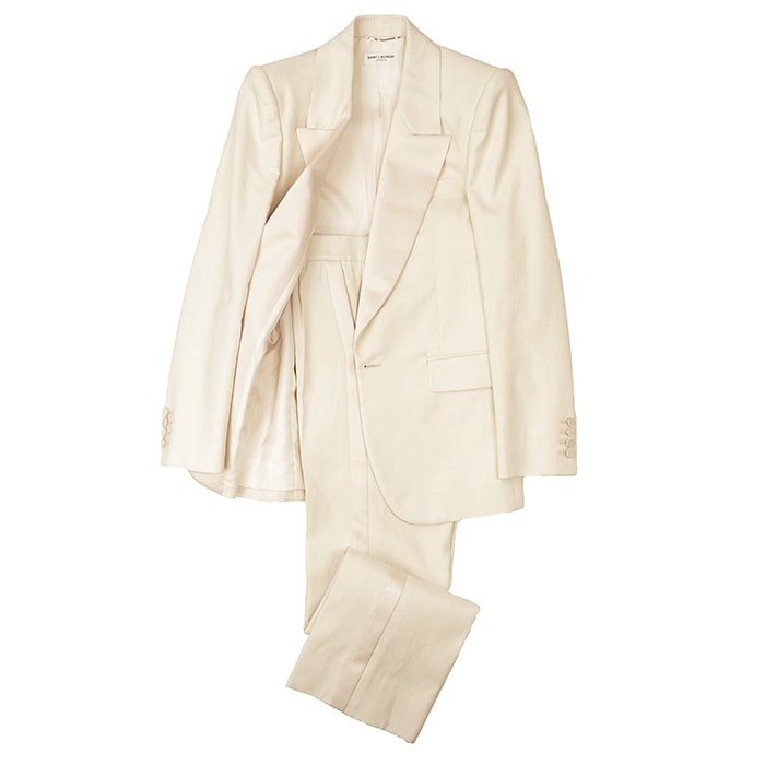 【美品】SAINT LAURENT PARIS サンローランパリ セットアップ タキシード サイズ 44/42 メンズ 2022年製 シルク100% ジャケット スラックス ハンガーx2/ガーメント付属 アイボリー イタリア製