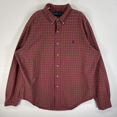 古着 ラルフローレン RALPH LAUREN 長袖シャツ チェック柄 ロゴ 刺繍 ボタンダウン XL レッド系 マルチカラー メンズ