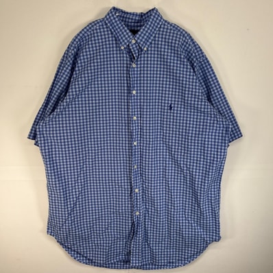 古着 ラルフローレン RALPH LAUREN 半袖シャツ ロゴ 刺繍 大きいサイズ XL ブルー チェック メンズ