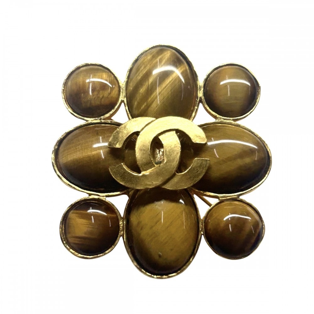 CHANEL シャネル ブローチ ココマーク ココ アクセサリー タイガーアイ ヴィンテージ GP 95A ブラウン 茶 ゴールド金具 レディース 約38.3g 1995年【中古品】