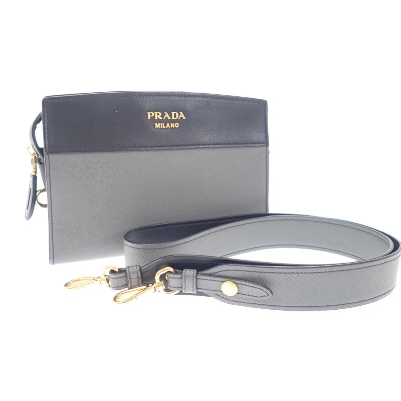 プラダ PRADA エスプラナードバッグ 1BH043 ショルダーバッグ サフィアーノ グレー ブラック ゴールド金具 レディース【中古】【ABランク】