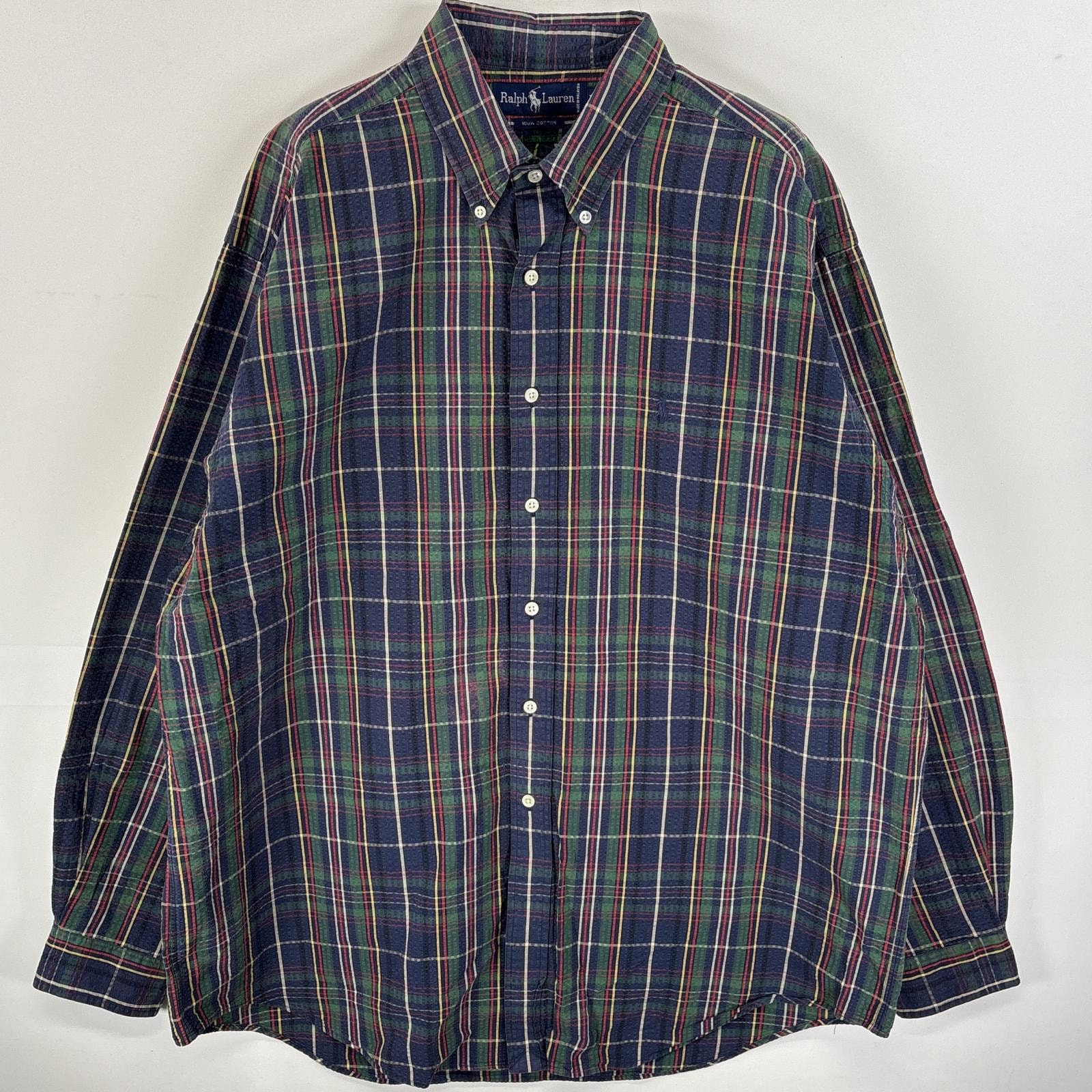 古着 90's/90年代 ラルフローレン RALPH LAUREN シアサッカー 長袖シャツ ボタンダウンシャツ ワンポイント ロゴ 刺繍 大きいサイズ XL  ネイビー系 マルチカラー メンズ