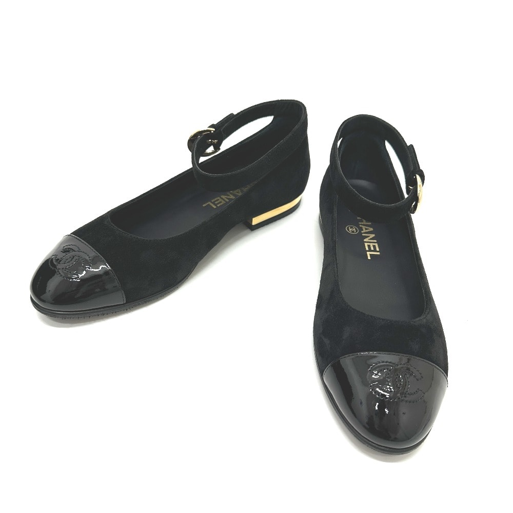 シャネル CHANEL メリージェーン 24秋冬 フラット ベルト パンプス スエード/エナメル ブラック 未使用