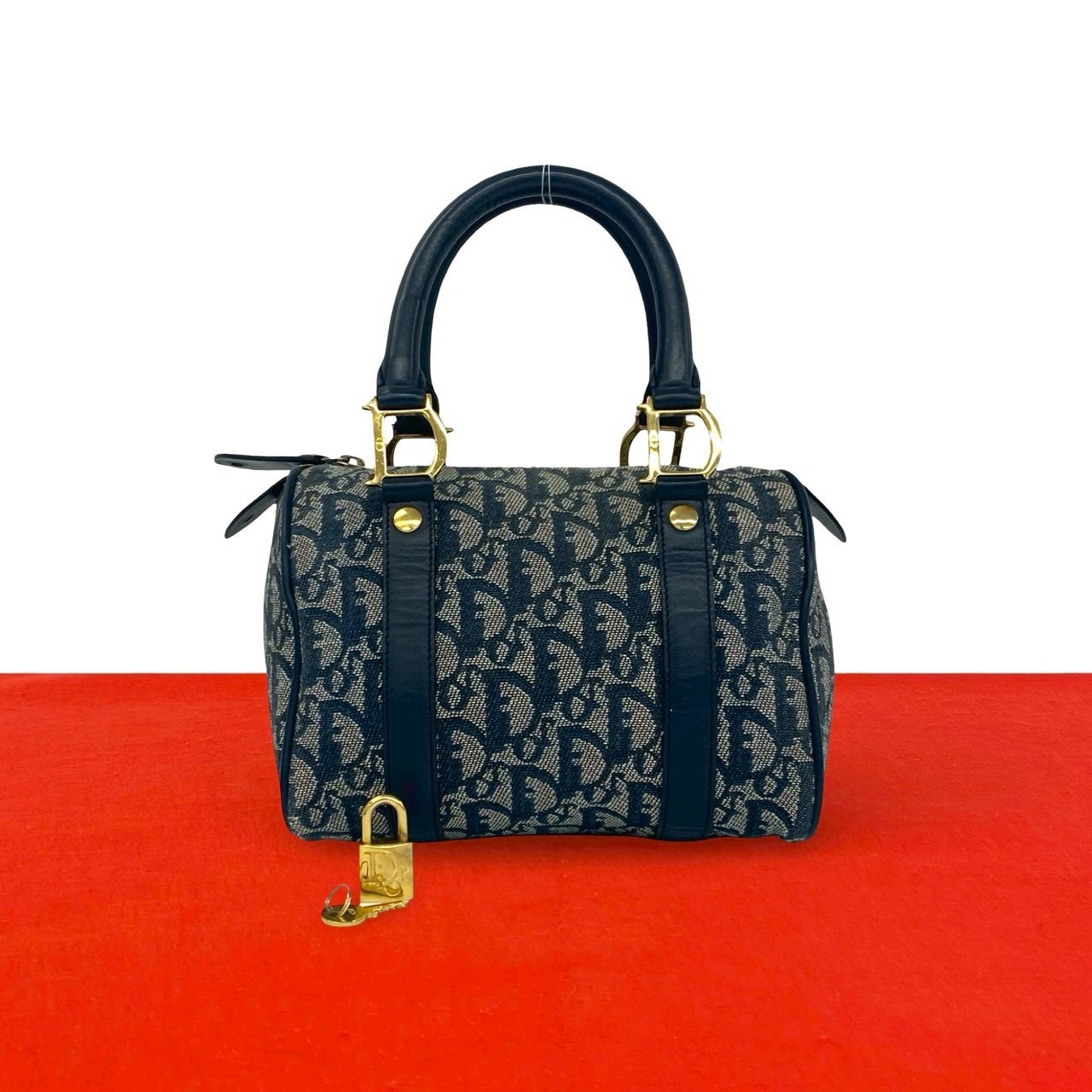 Christian Dior ディオール トロッター ロゴ 柄 キャンバス レザー ハンドバッグ ネイビー
 56412
