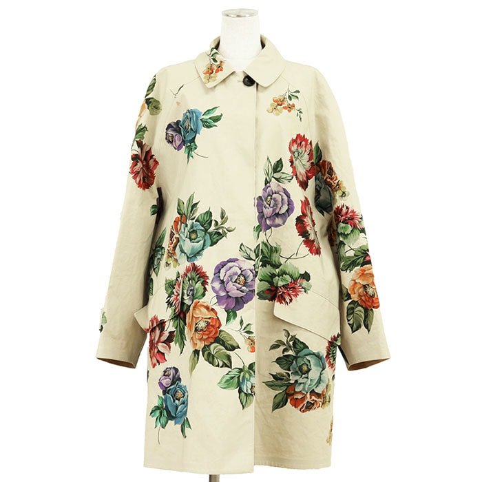 PRADA プラダ バルマカーンコート サイズ 38 レディース フローラル 花柄 ステンカラー フライフロント コットン100% アウター タグ付属 ベージュ イタリア製