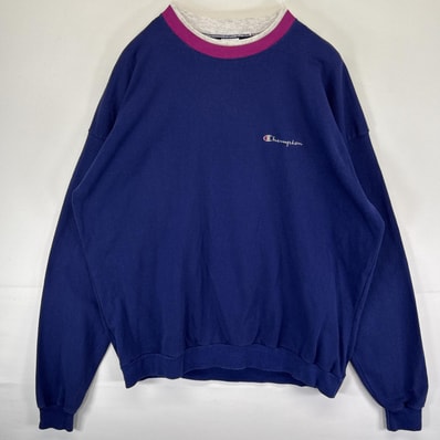 古着 90's/90年代 チャンピオン Champion USA製 スウェット トレーナー クルーネック 大きいサイズ ワンポイントロゴ 14041 ネイビー メンズ