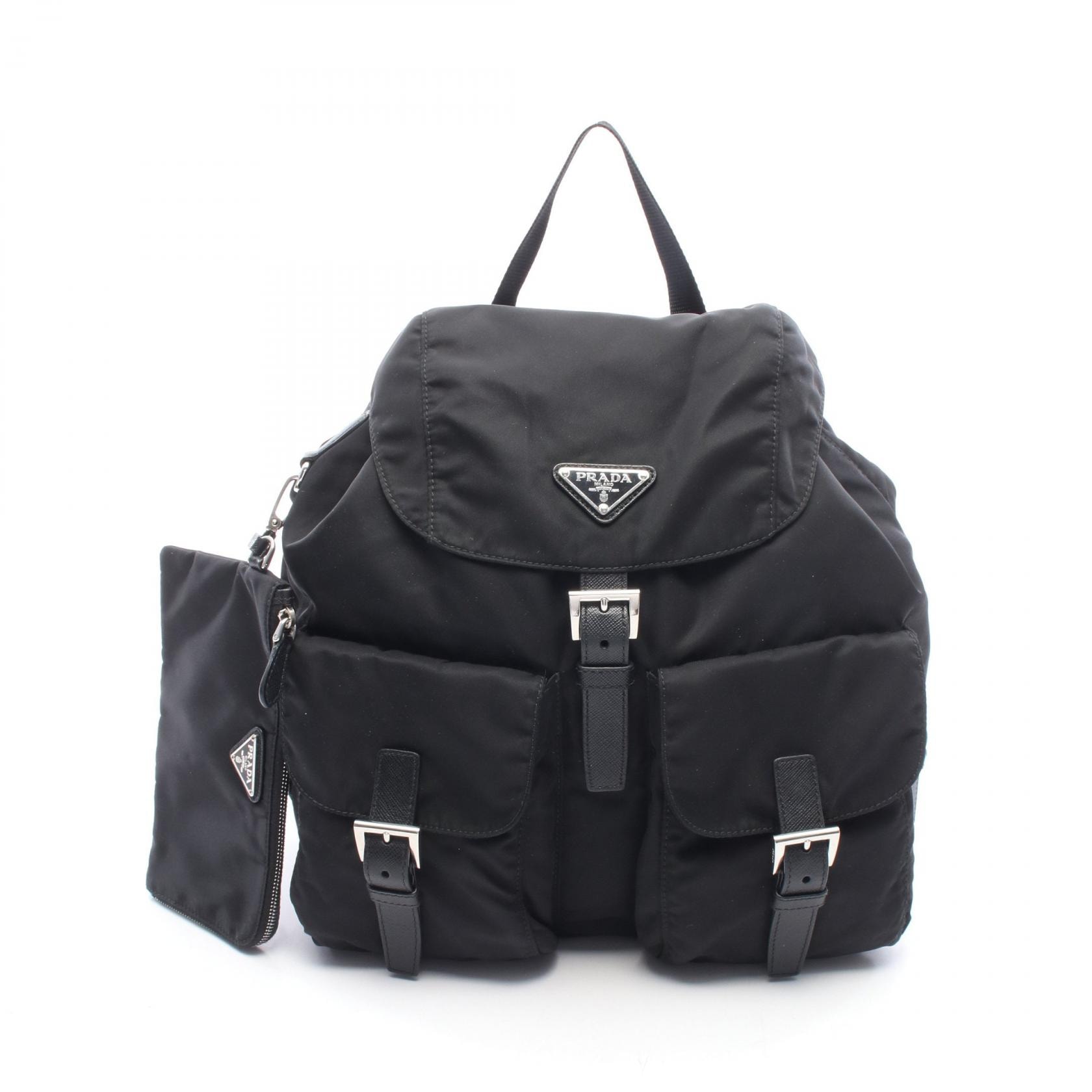 プラダ PRADA トライアングルロゴ リュックサック バックパック バッグ ナイロン レザー レディース ブラック系 【中古】
