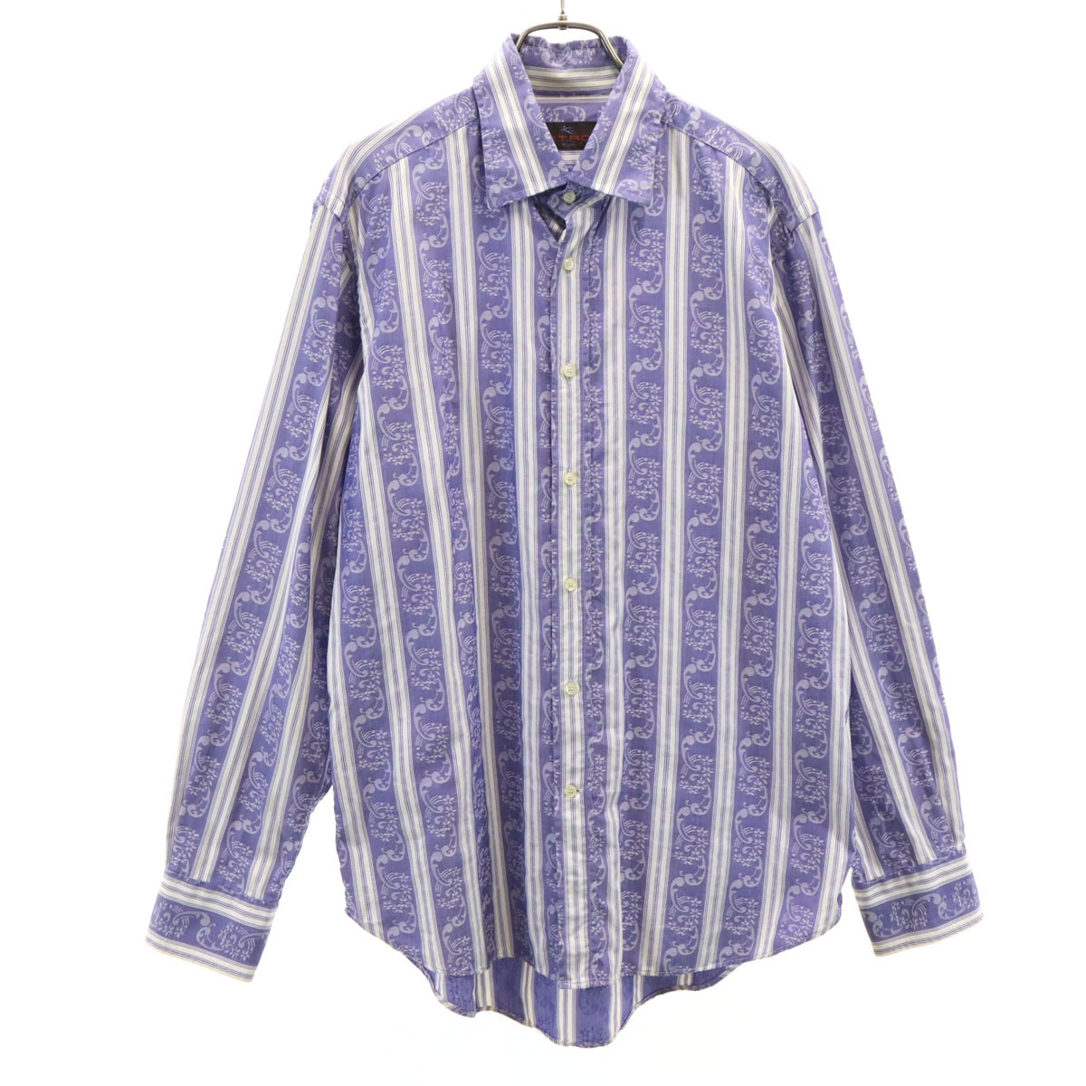 ETRO エトロ イタリア製 花 ストライプ柄 7分袖 コットンシャツ L パープル