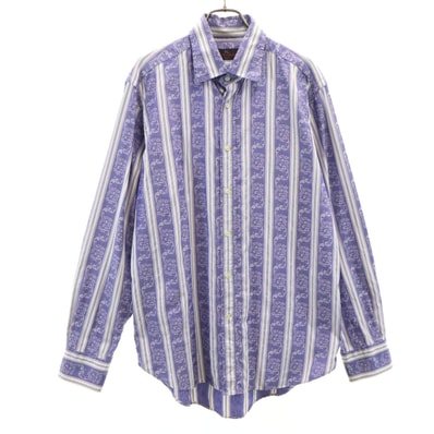 ETRO エトロ イタリア製 花 ストライプ柄 7分袖 コットンシャツ L パープル