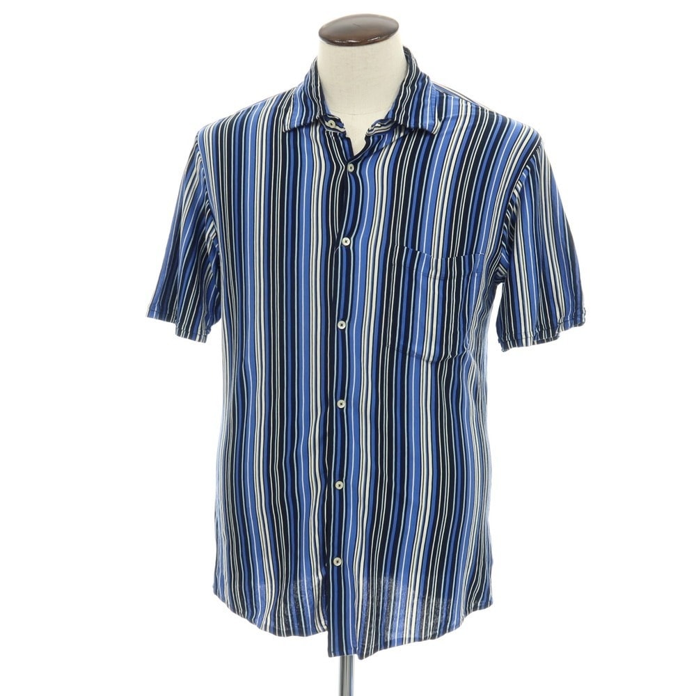 【中古】エトロ ETRO コットン ストライプ 半袖シャツ ブルー系xアイボリー【サイズL】【メンズ】