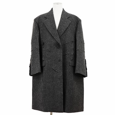【極美品】PRADA プラダ コート シェットランドウール サイズ 46 レディース 2025年製 ダメージ加工 シングルブレスト アウター ガーメント付属 チャコール イタリア製