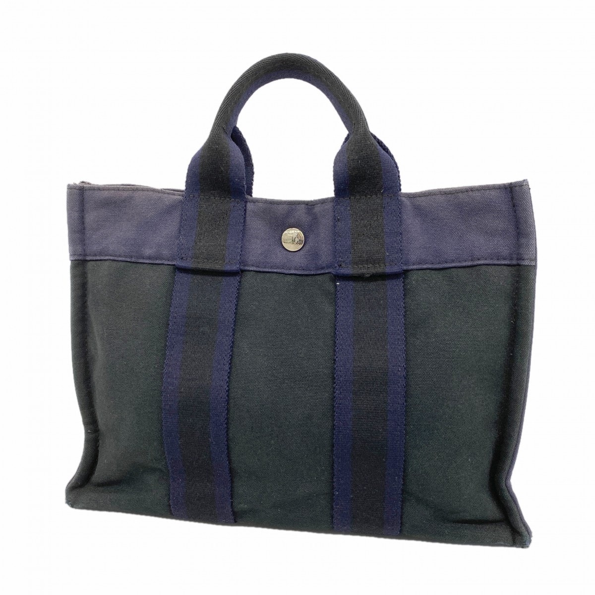 ★SALE【6fa0264-k】エルメス トートバッグ フールトゥPM キャンバス ブラック ネイビー シルバー金具【中古】メンズ レディース ユニセックス