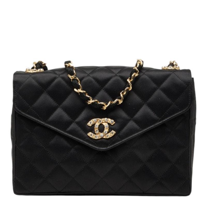 シャネル ココマーク マトラッセ チェーン ショルダーバッグ ブラック ゴールド ラインストーン シルクサテン レディース CHANEL 中古