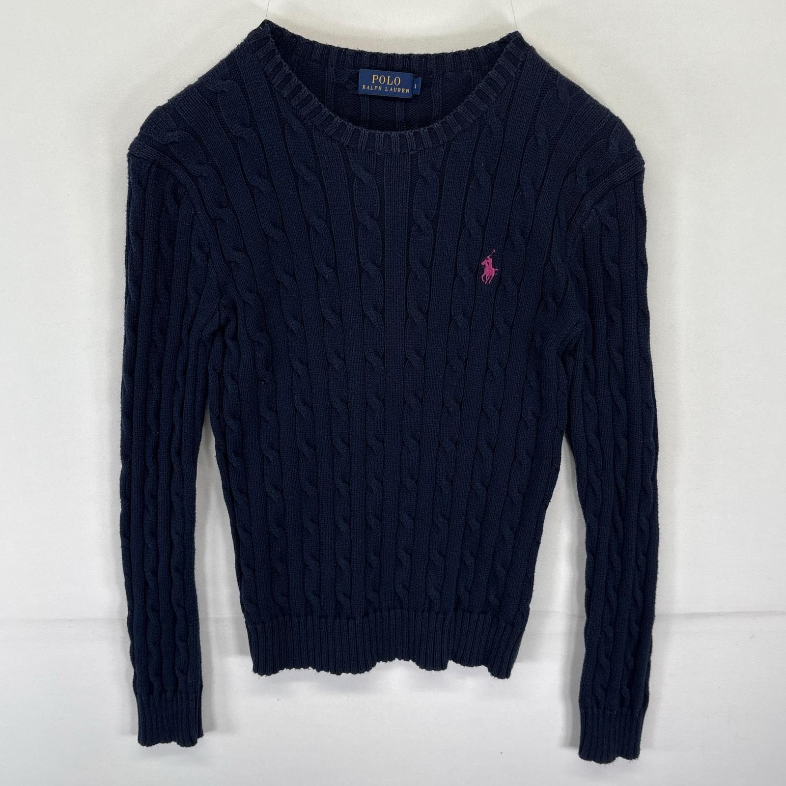 古着 ポロ・ラルフローレン POLO RALPH LAUREN ニット リブ編みニット セーター ワンポイントロゴ刺繍 S  ネイビー レディース