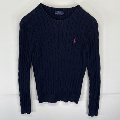 古着 ポロ・ラルフローレン POLO RALPH LAUREN ニット リブ編みニット セーター ワンポイントロゴ刺繍 S ネイビー レディース