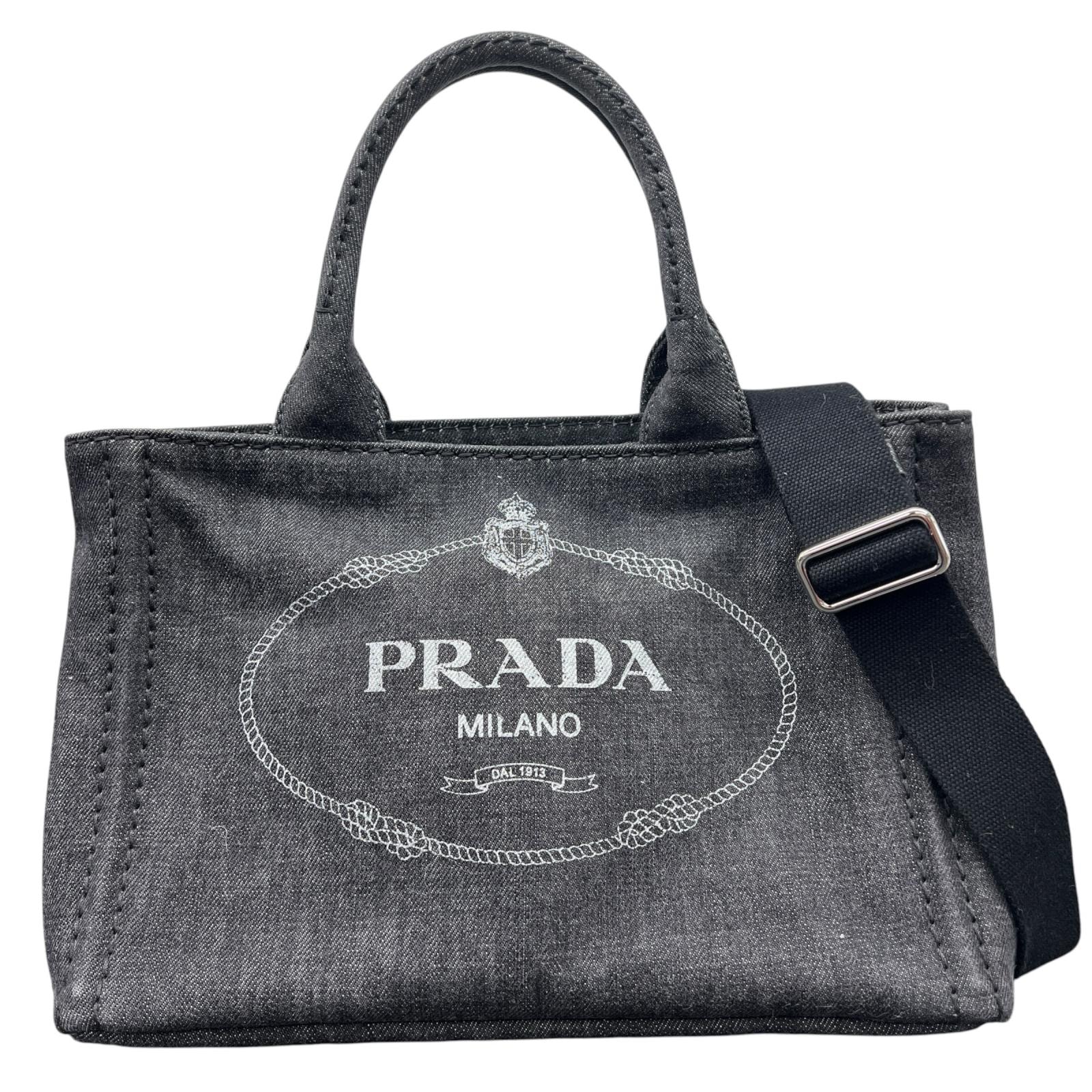 PRADA 極美品 プラダ カナパ トート ミニ デニム 2way トートバッグ ショルダーバッグ 1BG439 ブラック グレー ロゴ CANAPA DENIM ハンドバッグ クロスボディ ユニセックス Aランク 鑑定済 中古 プラダバッグ
